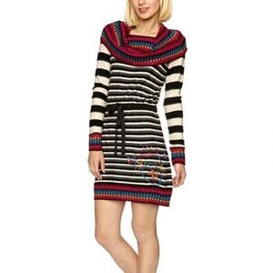 NWOT DESIGUAL Amber Striped Long Sleeve Wool Angora Cowl Neck Mini Dress Size M